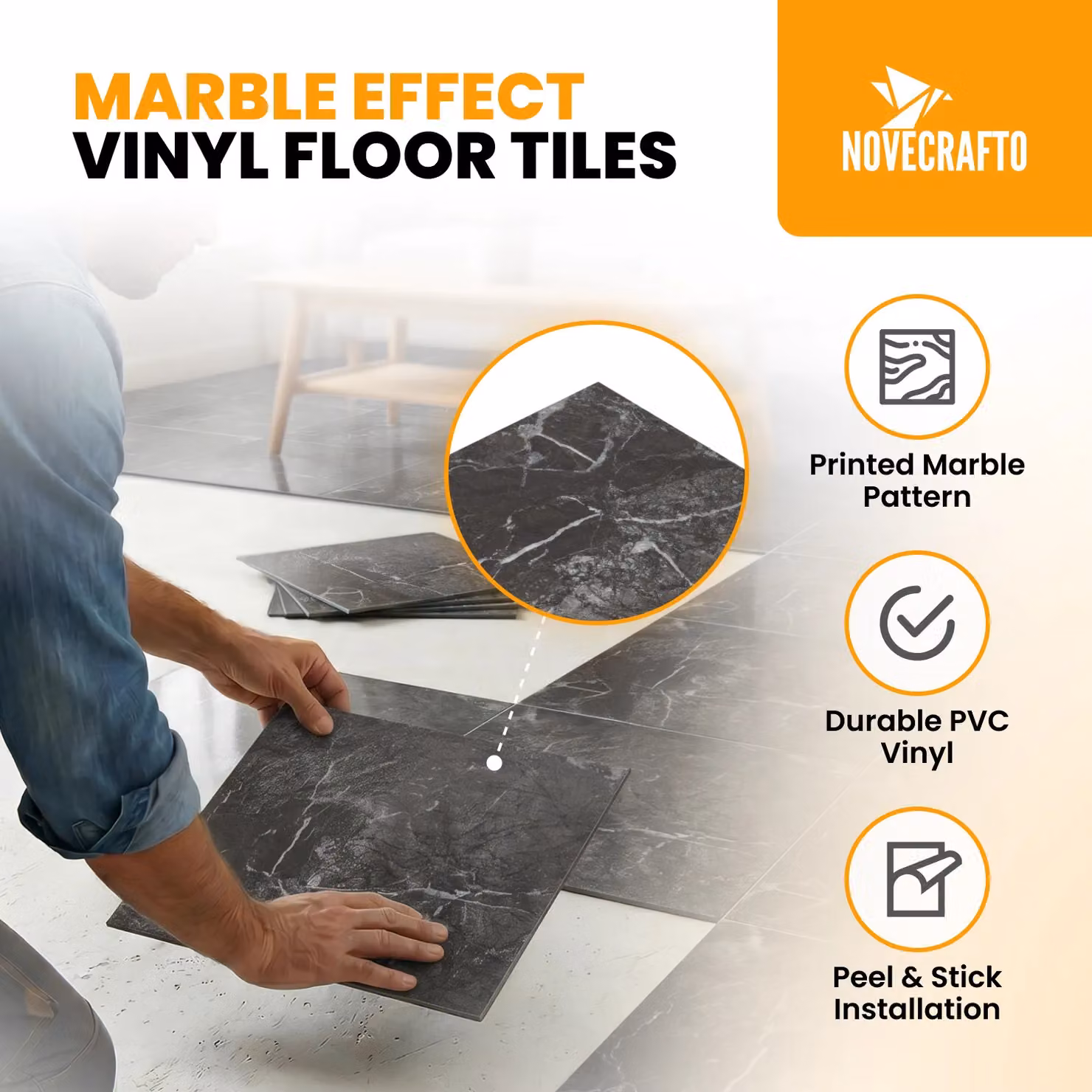 Novecrafto Self Adhesive Marble Effect Vinyl Floor Tiles, Pack of 20, Black and Grey, W/D: 30.5 x 30.5 cm – 2