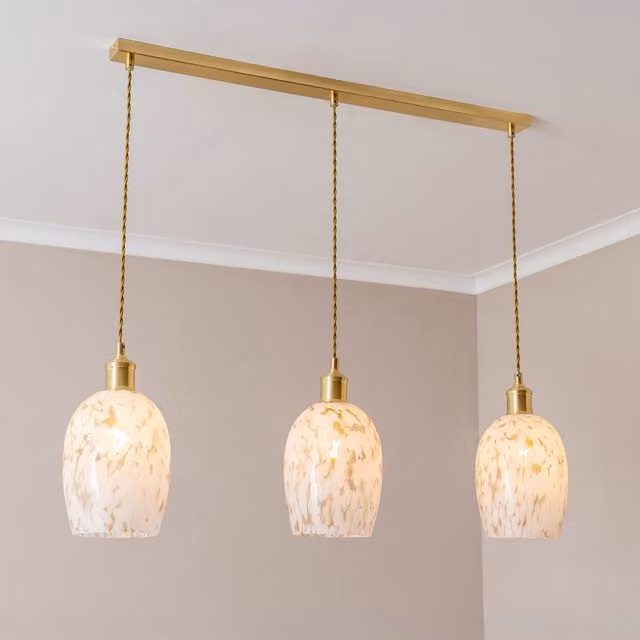 ValueLights India Confetti 3 Drop Bar Ceiling Pendant Light with LED Bulbs in Brushed Gold and Transparent Glass