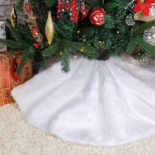 VFM White Long Pile Plush Christmas Tree Skirt with Ribbon Tie, Diameter: 100 cm – 2