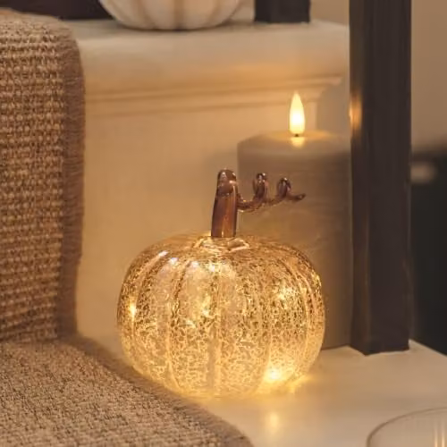 Lights4fun Set of 2 Ombre Mercury Glass LED Pumpkin Tabletop Decorations in Gold and Multicolour – 2