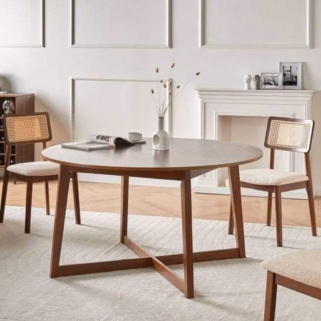 Wyld and Coco Oakline Round Dining Table in Brown with Dark Oak Veneer and Rubberwood Legs, Diameter: 140 cm, Height: 75 cm – 1