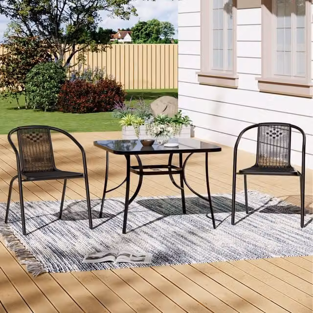 Livingandhome 2 Seater Garden Bistro Set in Black with Square Table and 2 Stacking Chairs