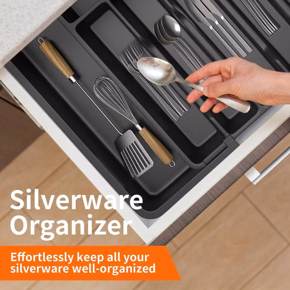 FORGEVIO Plastic Cutlery Tray with Compartments in Black – 6