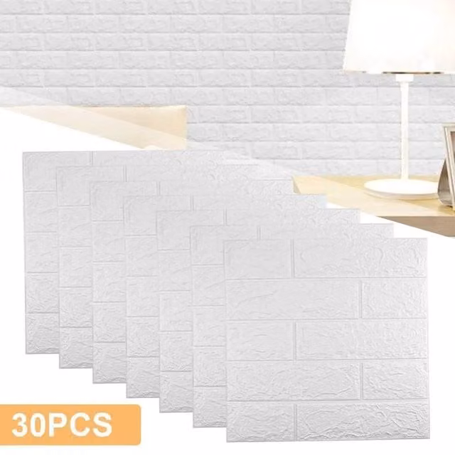 NESTLUNE White 3D Tile Brick Wall Sticker, Self-Adhesive Waterproof Geometric Design, W/H: 100 x 60 cm – 1