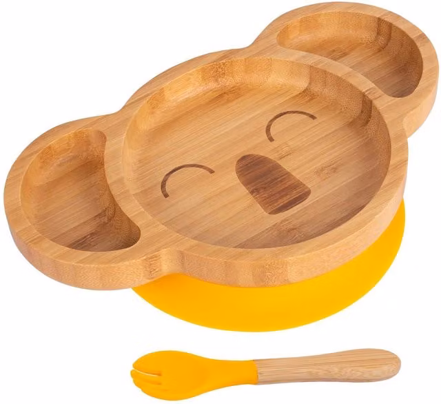 Tiny Dining Bamboo Koala Baby Weaning Plate and Fork Set in Yellow