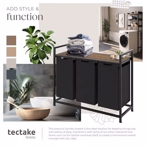 tectake Triple Laundry Basket with 3 x 38L Capacity, Water- and Smell-Resistant Fabric, Pull-Out Baskets with Steel Frame and Wooden Look Top Shelf, Black/Brown – 5