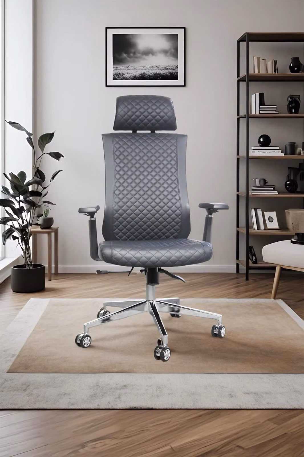 JFY High-Back Quilted Faux Leather Executive Swivel Chair with Reclining Backrest and Headrest in Black – 6
