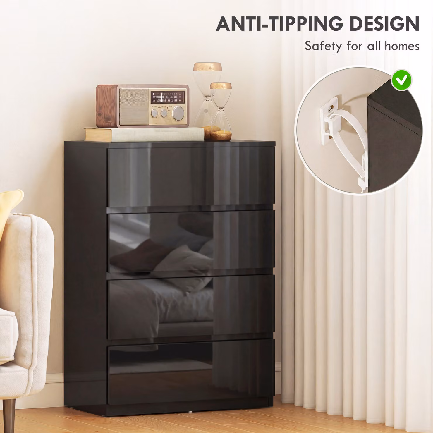 HOMCOM Modern 4-Drawer Chest of Drawers in Black with Soft-Close Drawers – 5