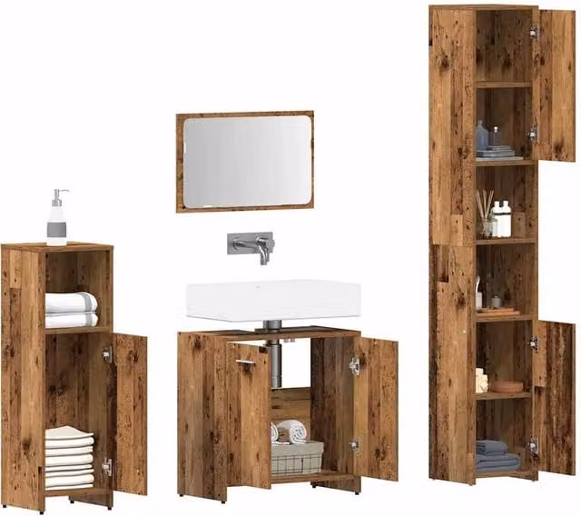 Berkfield Home 4 Piece Rustic Brown Bathroom Furniture Set with Vanity Unit, Mirror Cabinet, Wall Cabinet and Tall Cabinet
