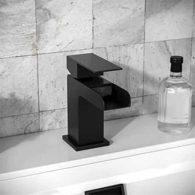 Nordara Matt Black Square Waterfall Basin Mixer Tap with Pop-up Waste