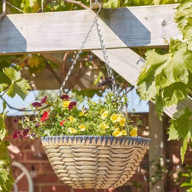 Marco Paul Savanna Faux Rattan Hanging Flower Basket Planter, Brown, Diameter: 35.56 cm