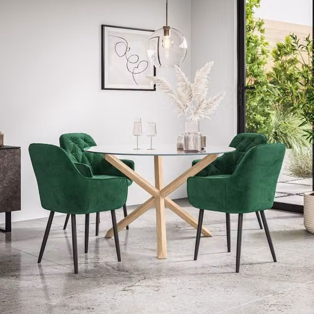 More4Homes Malvern Round Dining Table and Anika Green Velvet Chair Set, Clear Glass Top with Solid Oak Legs, Set of 4 – 1