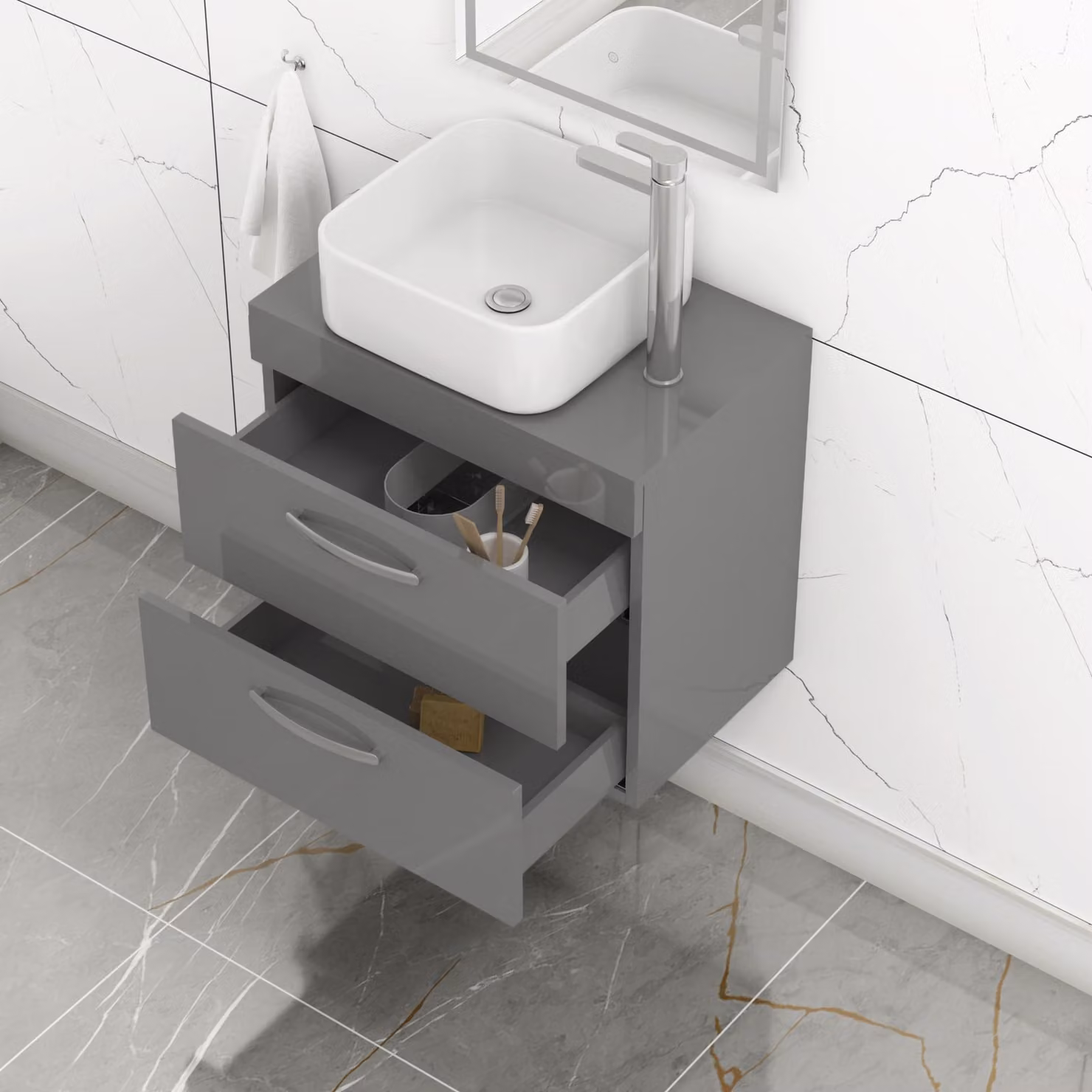 Royal Bathrooms 600mm Wall Hung Vanity Unit with 2 Drawers and Elena Countertop Basin in Indigo Grey Gloss