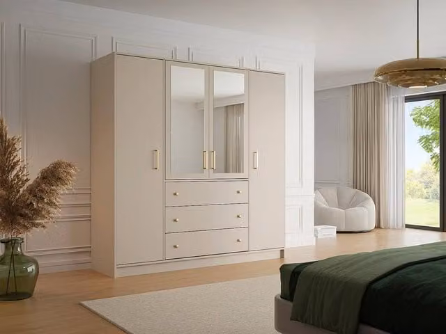 Vente-unique Modern 4-Door Wardrobe with 3 Internal Drawers and Mirrors in Beige, W: 196 cm, H: 200 cm, D: 58 cm – 1