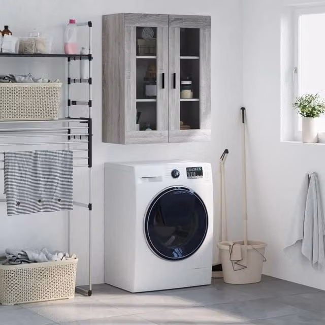 Berkfield Home Wall Mounted Cabinet in Grey with Glass Doors, W/D/H: 69.5 x 34 x 90 cm