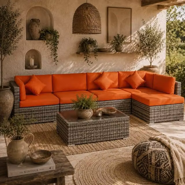Wyld Haus Yodosu 6 Seater Grey PE Rattan Outdoor Corner Sofa Set with Orange Cushions – 1
