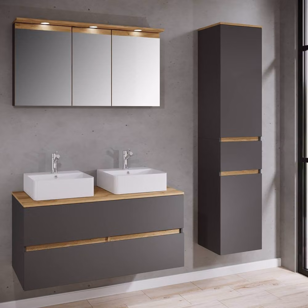 VCM Cosila-A 111 Grey Matt Bathroom Furniture Set with Vanity Unit, Mirror Cabinet and Tall Cabinet – 2