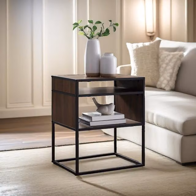Pirlo Plush Industrial Square Side Table with Open Storage in Walnut and Black, W/D/H: 40.64 x 40.64 x 60.96 cm