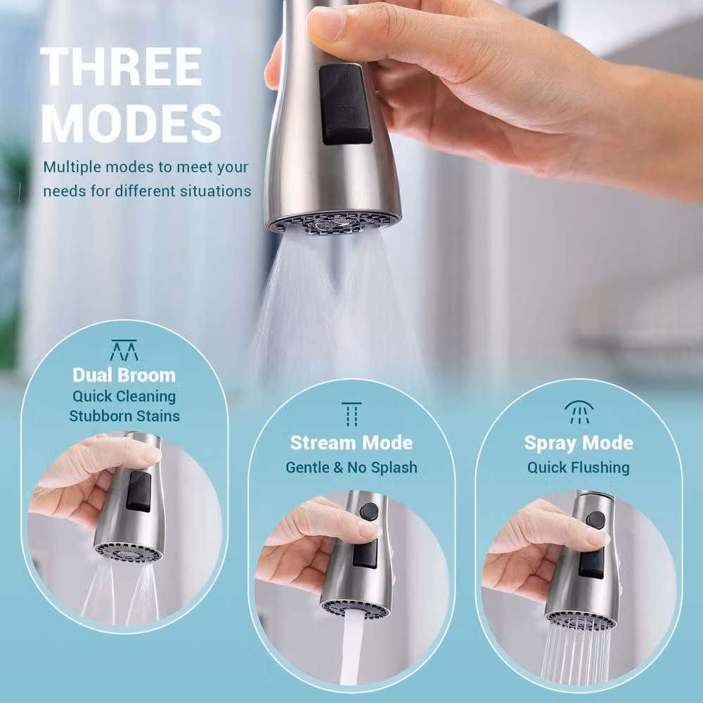 Dayone Sleek Kitchen Mixer Tap with Pull Out Spray in Brushed Steel Silver Finish – 3