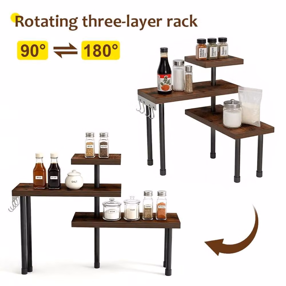 KORVIXA 3-Tier Industrial Corner Countertop Organizer in Brown – 3
