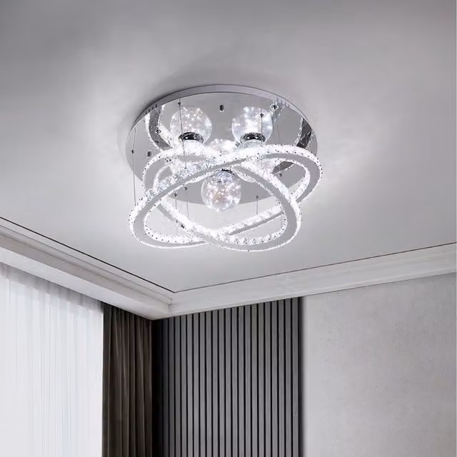 Komore Modern Crystal Double Ring LED Ceiling Light in Silver and Transparent