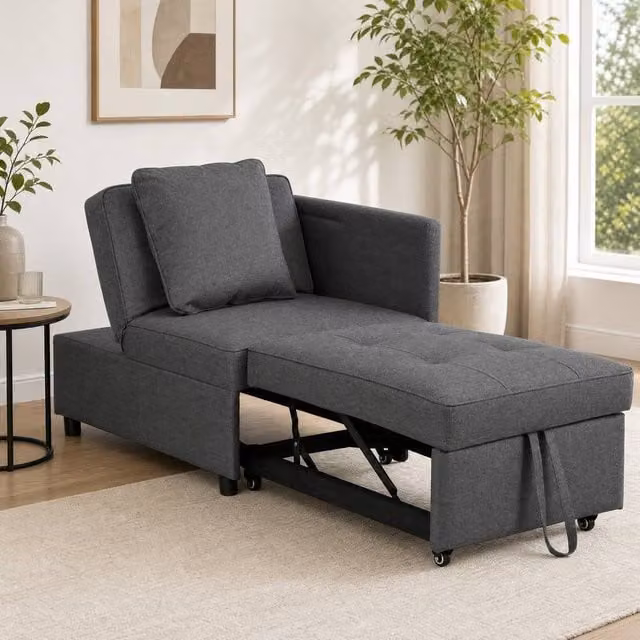 STILVORA 3-in-1 Grey Fabric Chair Bed with Solid Wood Frame and Adjustable Back