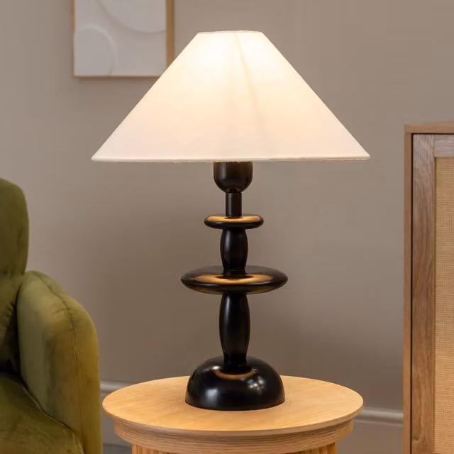 Justin Black Wood Stacked Table Lamp with White Fabric Cone Shade and LED Bulb