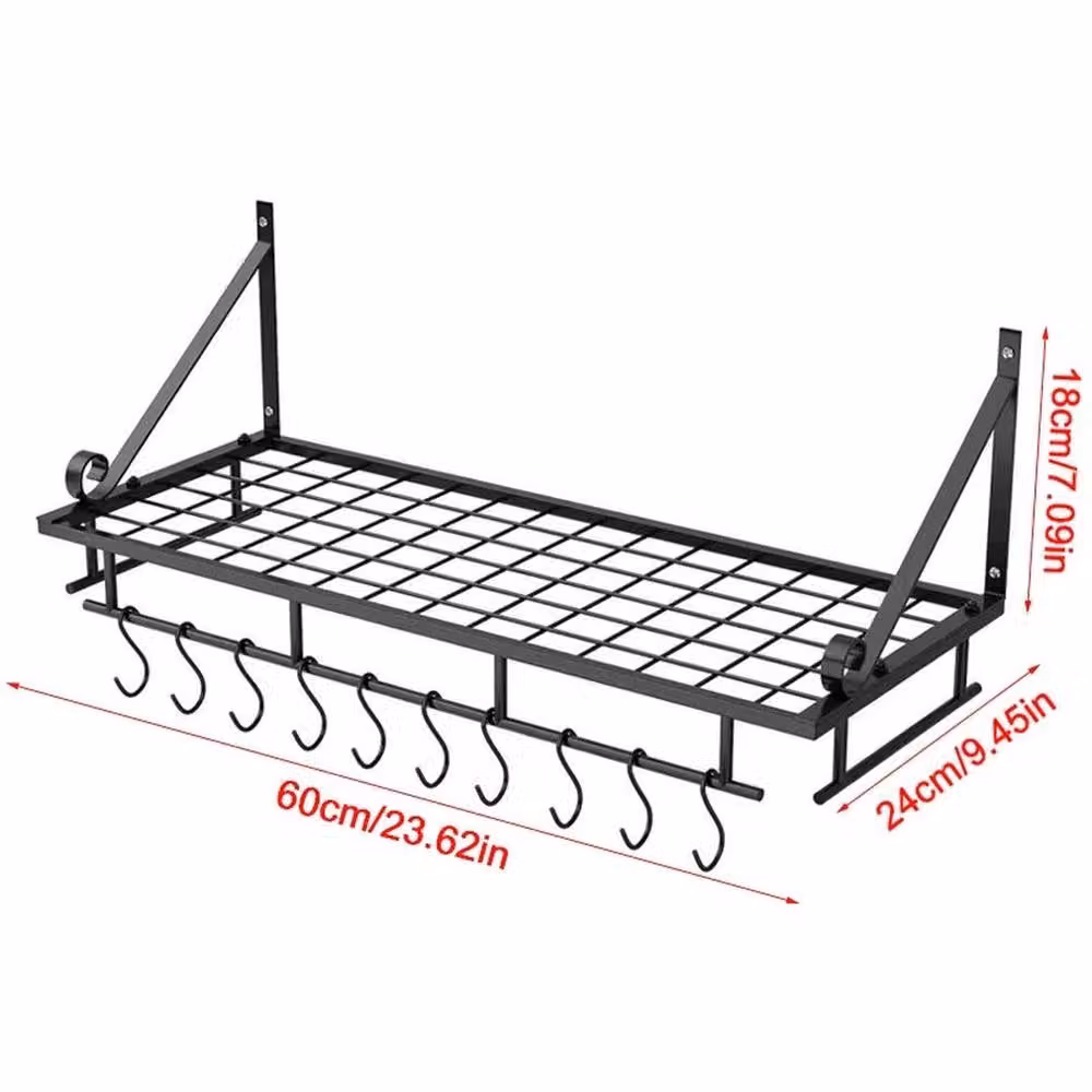 SPETLEK Black Wall Mounted Metal Kitchen Pot and Pan Hanging Rack with Shelf, Width: 60 cm – 4