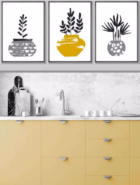 ARTZE Scandi Cactus Pots Botanical Framed Wall Art in Yellow, Grey and Black, W: 53 cm, H: 73 cm, D: 2 cm