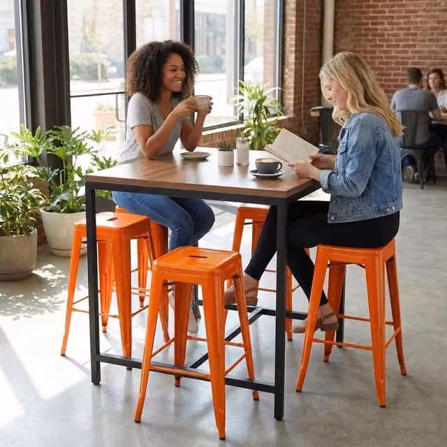 FWStyle Gloss Bistro Set of 4 Orange Bar Stools in Galvanised Steel