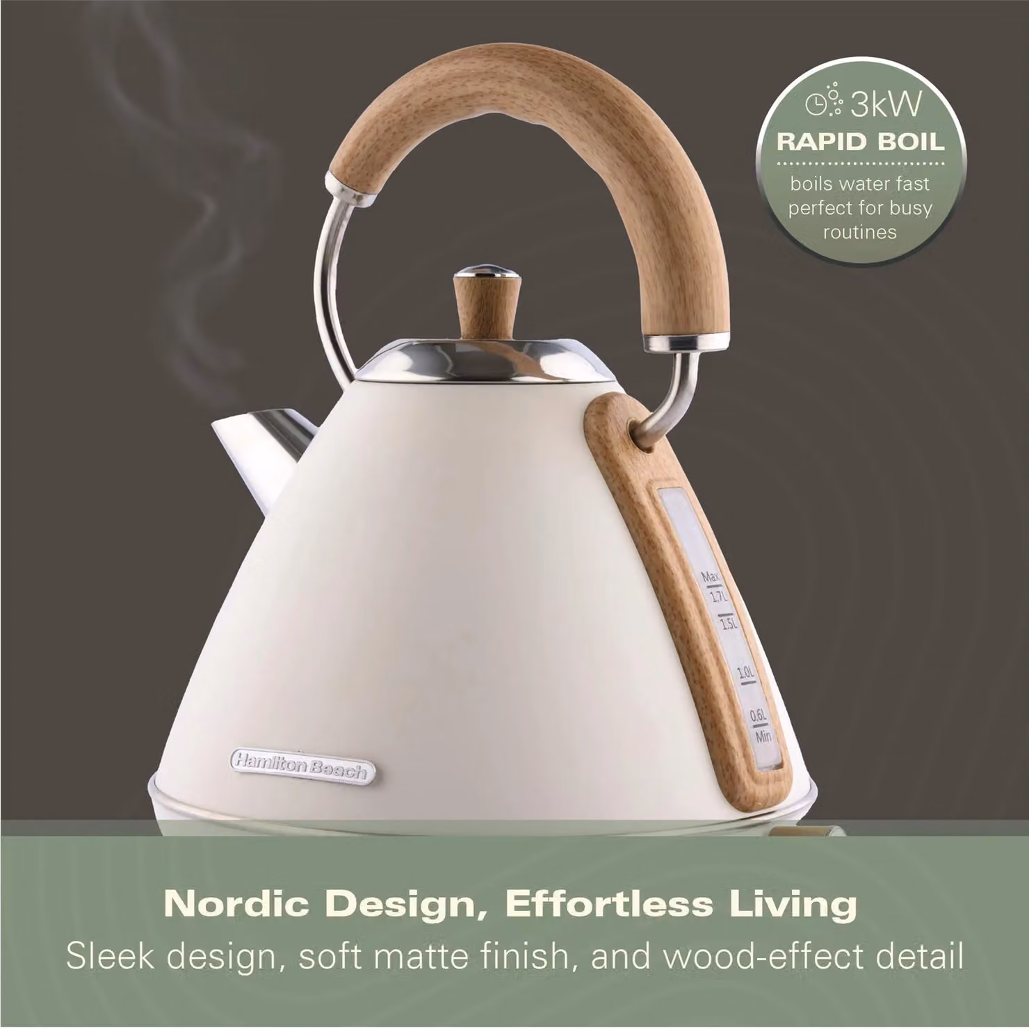 Hamilton Beach Scandi Pyramid Electric Kettle, 1.7 l, Matte Cream and Beige with Wood Effect – 3