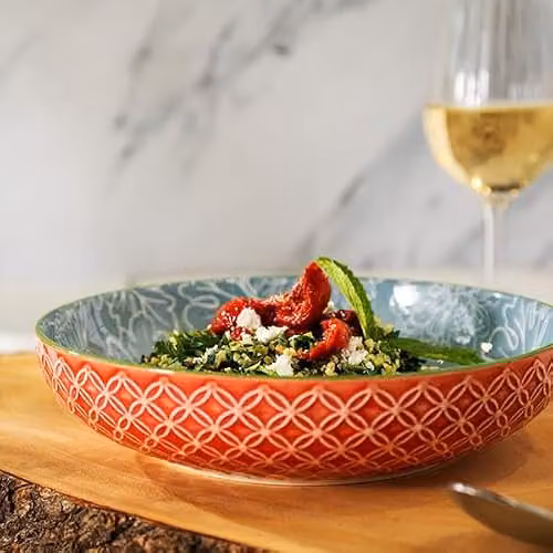 Mikasa Geometric Leaf Glazed Stoneware Pasta Bowl, Green and Multicolour, 21 cm – 3