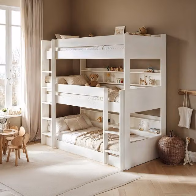 Noomi Clara Triple Bunk Bed in White with Bedside Shelves