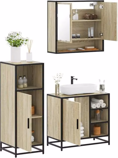Berkfield Home 3 Piece Industrial Bathroom Furniture Set in Brown Sonoma Oak – 1