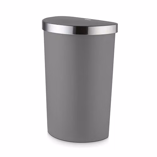 Tower Curved Sensor Bin with Bin Liner Retainer Ring, 50L, Grey with Silver and Black Stainless Steel Trim on Lid