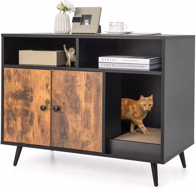 Costway Black Freestanding Hidden Cat Washroom Enclosure with Hinged Doors and Open Shelf, W/D/H: 70 x 50 x 50 cm