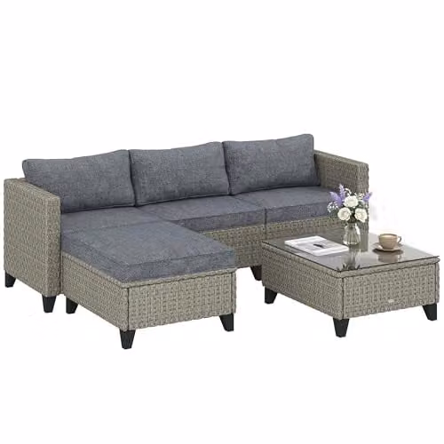 Outsunny 5-Piece L-Shape Rattan Garden Furniture Set in Grey with Ottoman, Coffee Table and Upholstered Cushions – 1