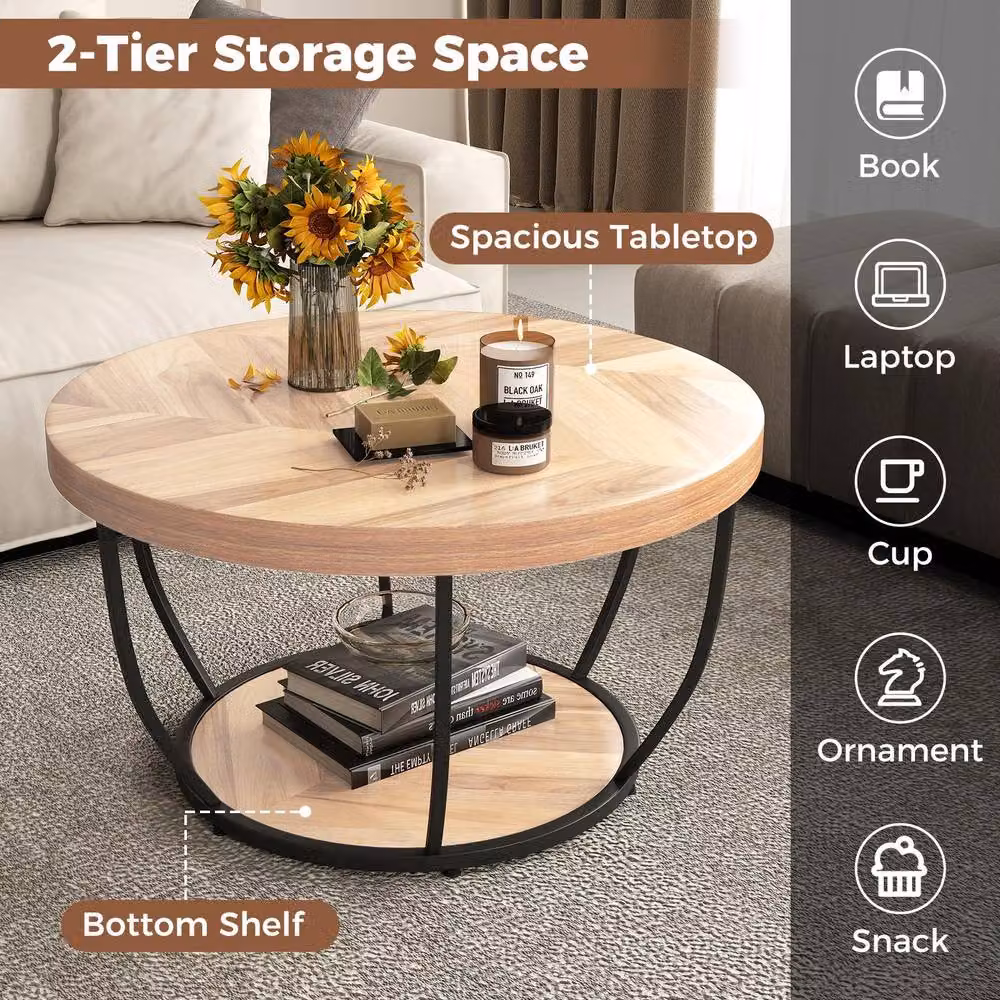 Gymax Round 2-Tier Coffee Table with Faux Wooden Top in Sand Brown – 7
