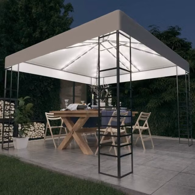Berkfield Home Garden White Marquee with LED String Lights W: 3 m, D: 3 m, H: 3 m