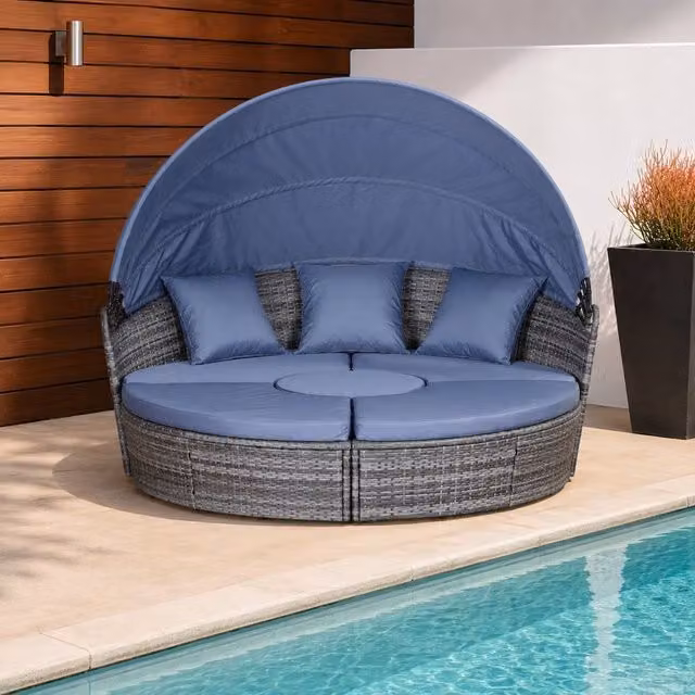 STILVORA Modern Grey Sofa Set with Retractable Canopy and Rattan Metal Frame