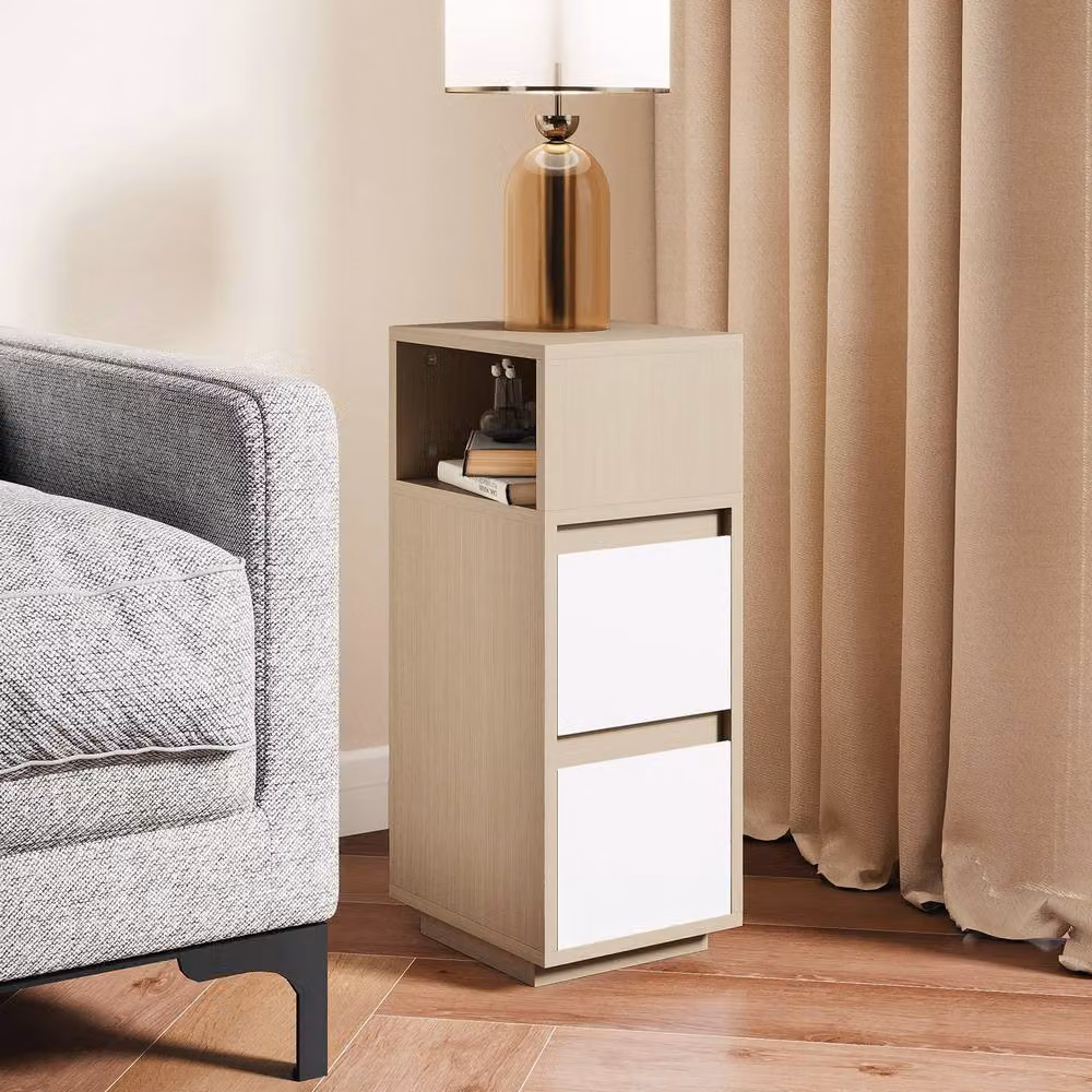 HOMCOM Slim Bedside Table with Open Shelf and 2 Drawers in Sand – 4