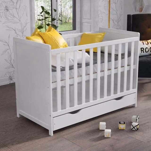 Love For Sleep Matilda White Solid Wood Cot Bed with Drawer and Drop Side