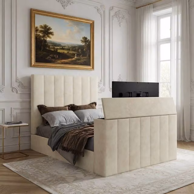 KDMD Ardingly Bespoke King Size Upholstered Velvet TV Bed Frame in Cream
