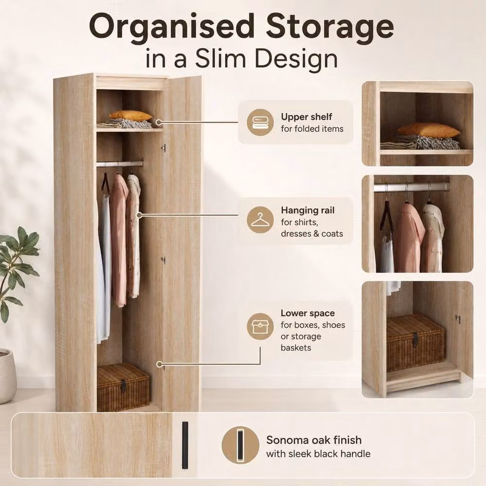 MMT Furniture Designs FLAVORA Single Door Wardrobe in Oak Brown, H 180 cm x W 52 cm x D 40 cm – 4