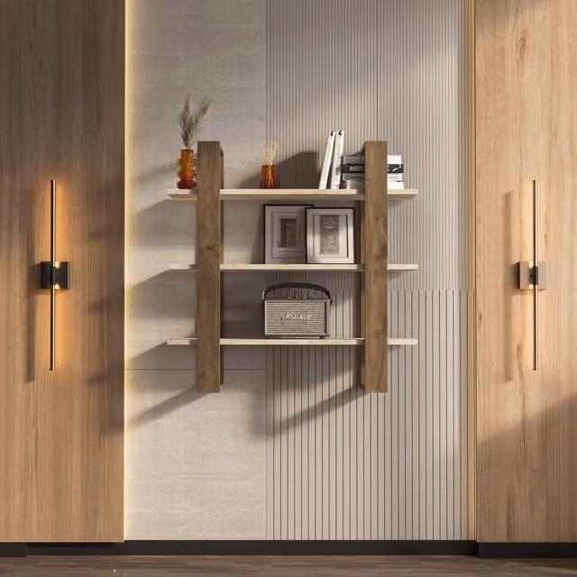Decorotika Suno 3-tier Wall Mounted Shelf in Brown Wood and Stone