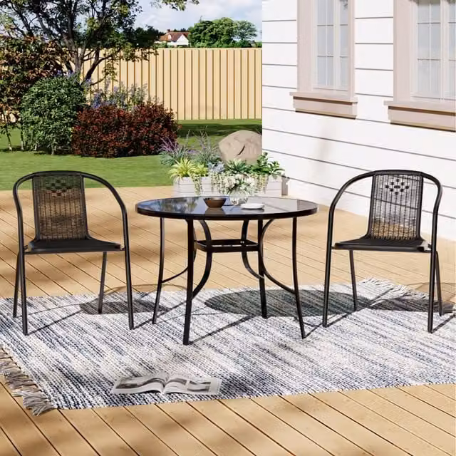Livingandhome Modern 2 Seater Garden Bistro Set in Matt Black with Round Glass Table and 2 Stacking Chairs