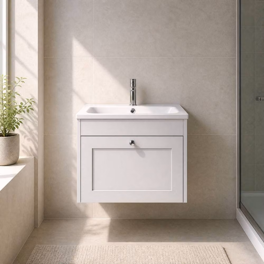 Balterley Modern Wall Mounted Single Drawer Bathroom Vanity Unit with Stone Basin, White, W: 60 cm, D: 45.3 cm, H: 43.1 cm – 2