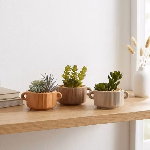 Garden Greatness 3 Pack of Multicolour and Green Artificial Succulents in Round Ceramic Pots
