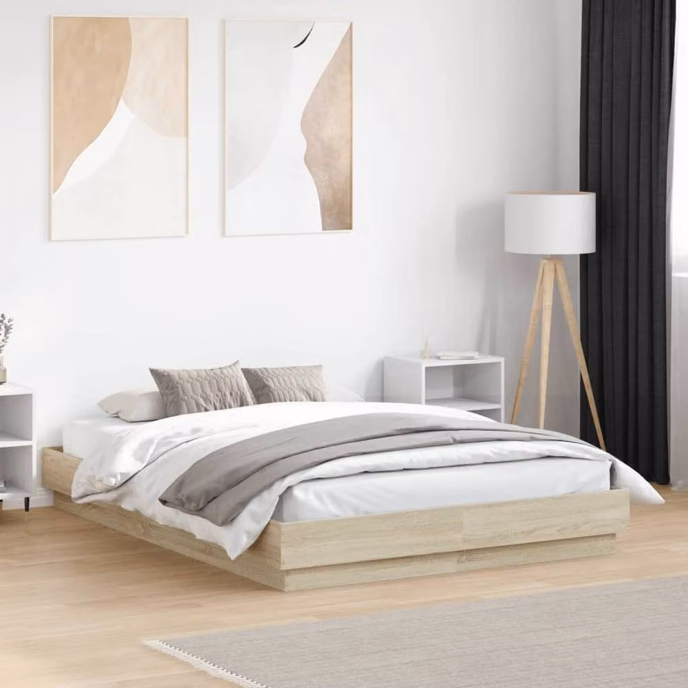 Berkfield Home Durable Bed Frame with LED Under-Bed Lighting in Sonoma Oak, W/D/H: 140 x 190 cm – 2