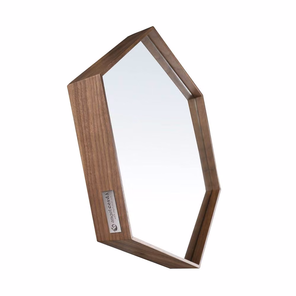 Angel Cerda Hexagonal Walnut Veneer Wall Mirror in Brown, W: 46 cm, H: 40 cm, D: 6 cm – 3